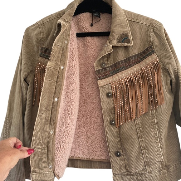 Desigual Western Fringe Embroidered Corduroy Jacket NWOT Boho Fleece lined - Picture 10 of 15